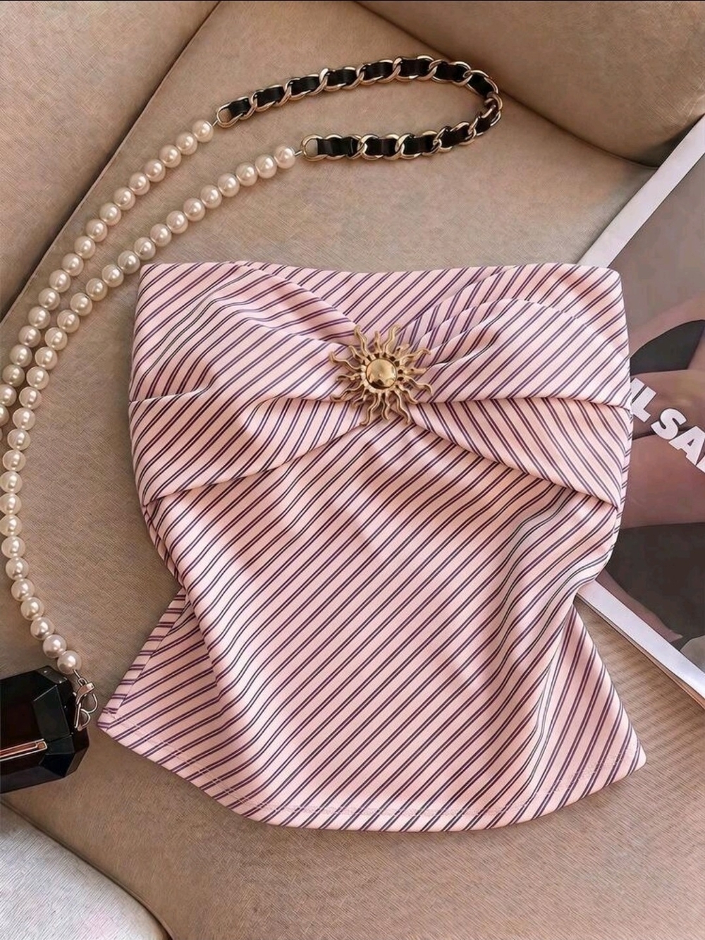 Franclia Pleated Striped Metal Decor Bandeau Top